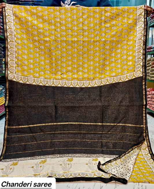 Mustard Yellow & Black Floral Border Chanderi Bagru Handblock Printed Silk Saree With Blouse