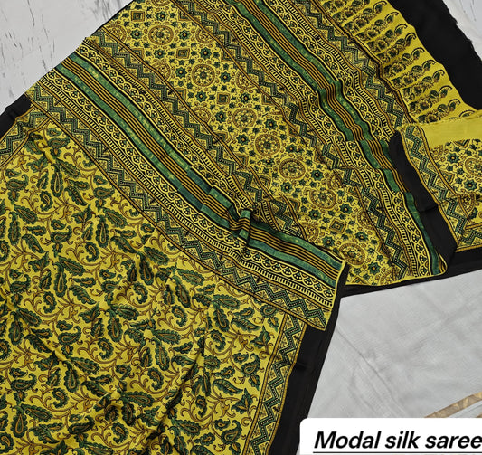 Mustard Yellow & Black Floral Handblock Print Pure Modal Silk Ajrakh Saree