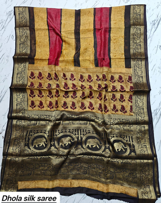 Mustard Yellow & Black Geometric Abstract Pure Dola Silk Ajrakh Handblock Printed Saree