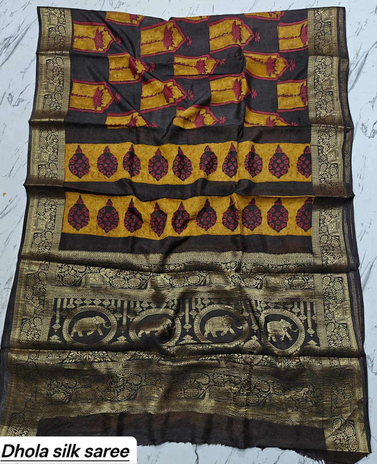 Mustard Yellow & Black Geometric Block Print Pure Dola Silk Ajrakh Handblock Printed Saree