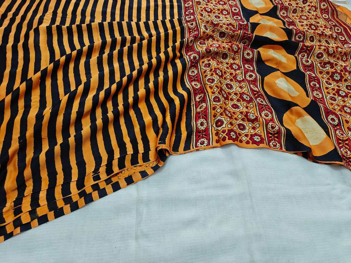 Mustard Yellow & Black Striped Handblock Print Pure Modal Silk Ajrakh Saree