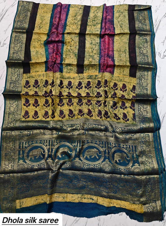 Mustard Yellow & Blue Abstract Print Pure Dola Silk Ajrakh Handblock Printed Saree