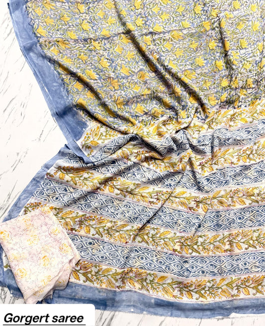 Mustard Yellow & Blue Floral Handblock Printed Georgette Saree
