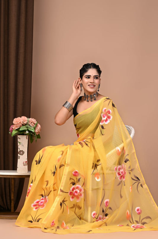 Mustard Yellow Floral Hand Painted Hand Block Printed Kota Doria Cotton Saree