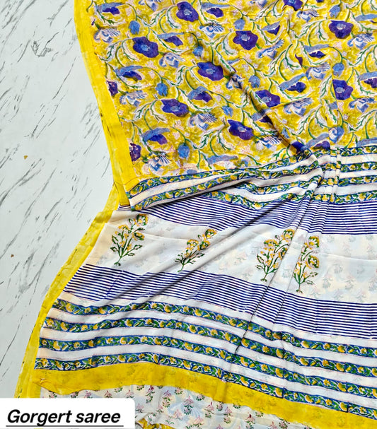 Mustard Yellow Floral Handblock Printed Georgette Saree