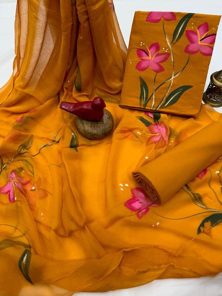 Mustard Yellow Floral Painted Traditional Handblock Cotton Suit Set with Chiffon Dupatta