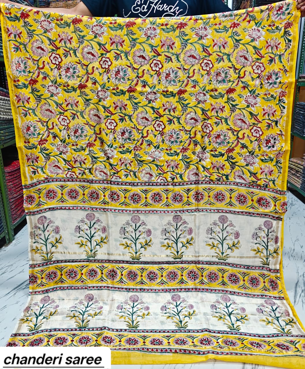 Mustard Yellow Floral Vine Chanderi Bagru Handblock Printed Silk Cotton Saree With Blouse