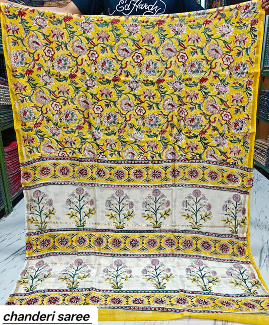 Mustard Yellow Floral Vine Chanderi Bagru Handblock Printed Silk Cotton Saree With Blouse