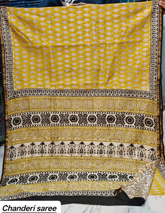 Mustard Yellow Geometric Checkered Chanderi Bagru Handblock Printed Silk Saree With Blouse