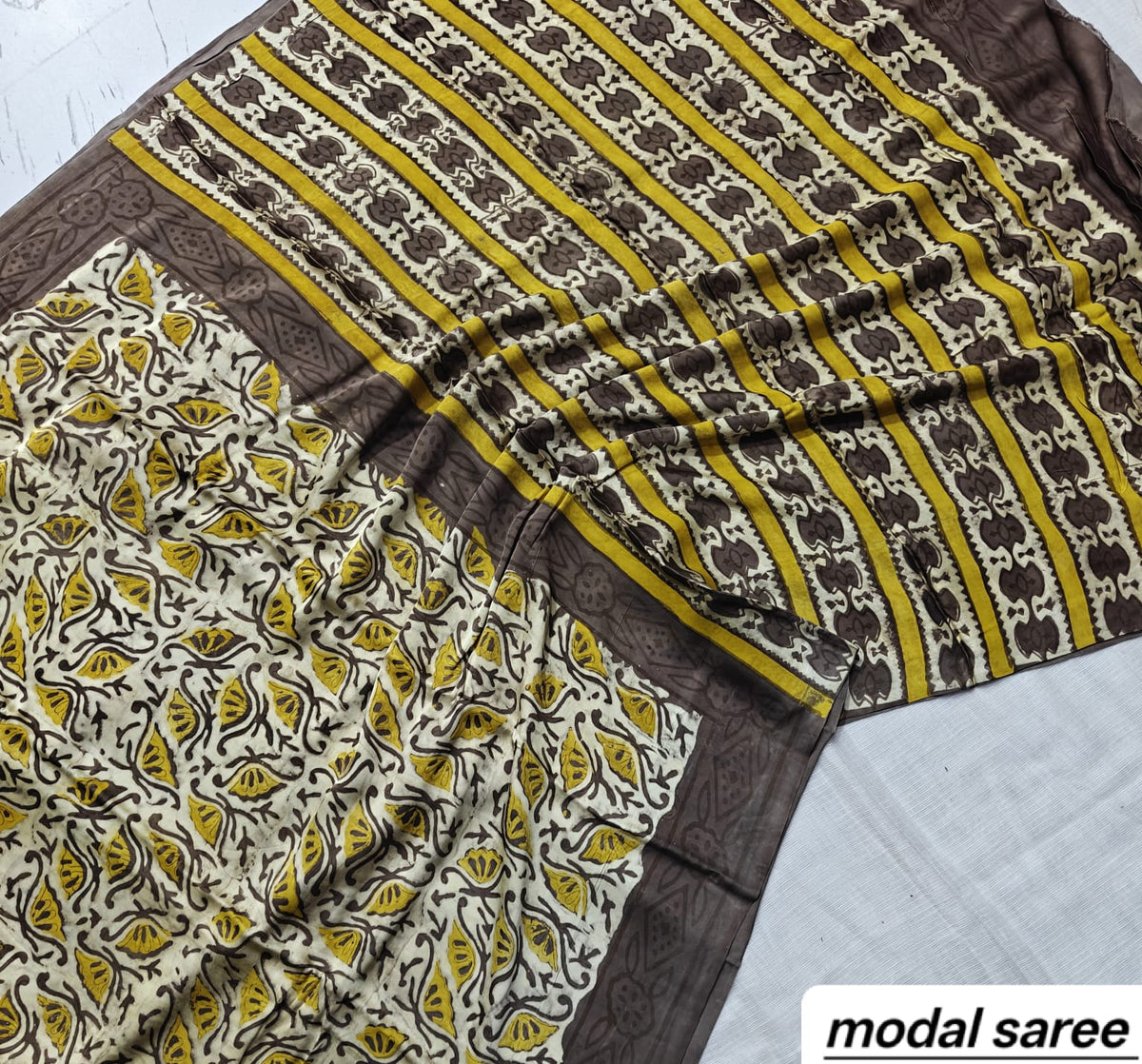 Mustard Yellow & Grey Striped Handblock Print Pure Modal Silk Ajrakh Saree