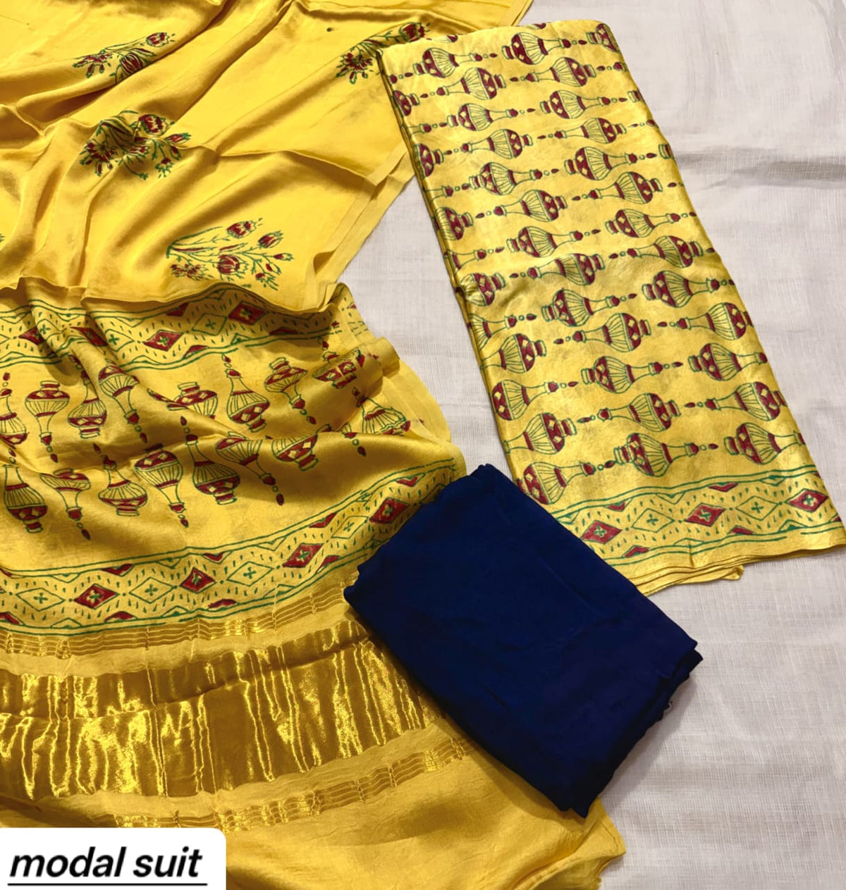 Mustard Yellow & Navy Blue Floral Premium Pomegranate Printed Modal Silk Handblock Unstitched Suit Material