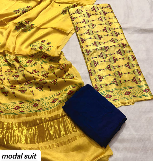 Mustard Yellow & Navy Blue Floral Premium Pomegranate Printed Modal Silk Handblock Unstitched Suit Material