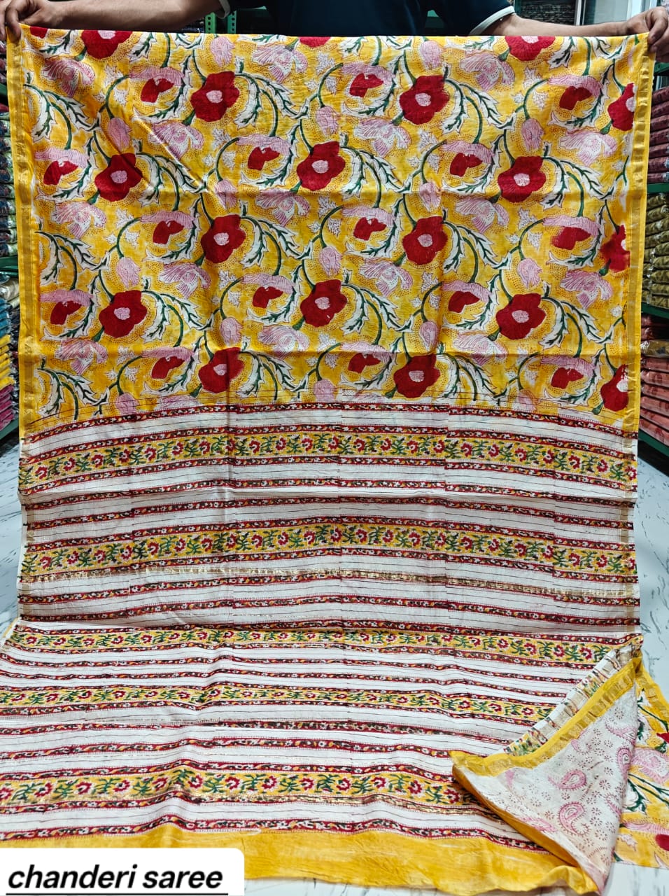 Mustard Yellow & Red Floral Chanderi Bagru Handblock Printed Silk Cotton Saree With Blouse
