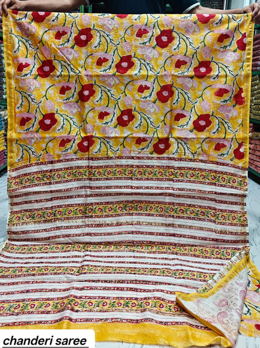 Mustard Yellow & Red Floral Chanderi Bagru Handblock Printed Silk Cotton Saree With Blouse