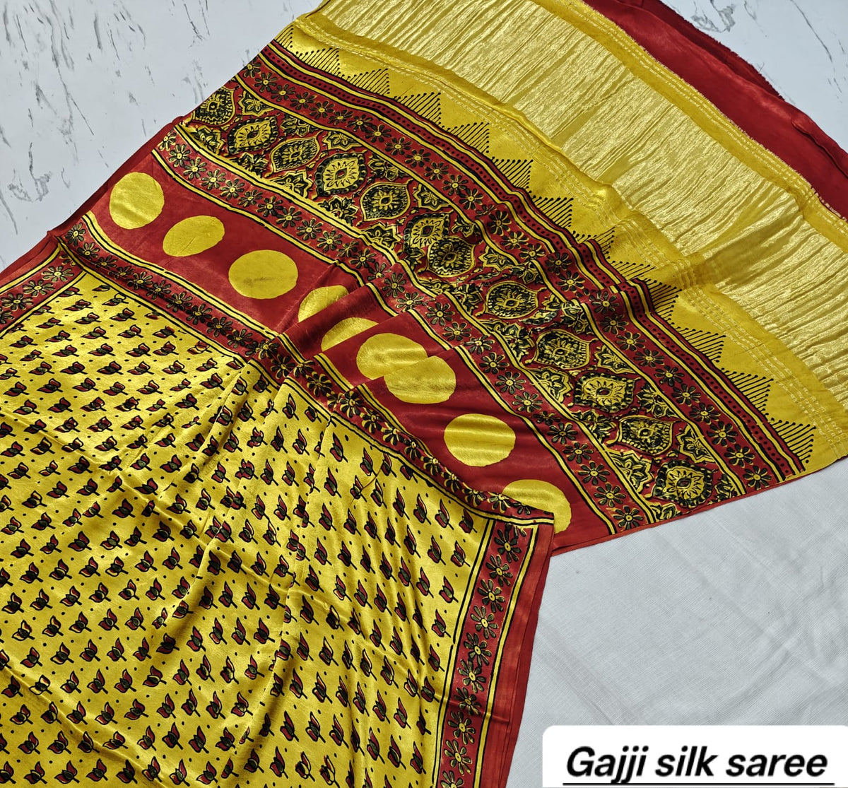 Mustard Yellow & Red Geometric Ajrakh Handblock Saree in Pure Gajji Silk