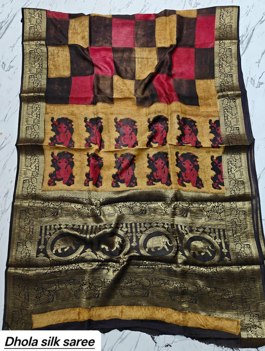 Mustard Yellow & Rust Red Checkered Abstract Pure Dola Silk Ajrakh Handblock Printed Saree