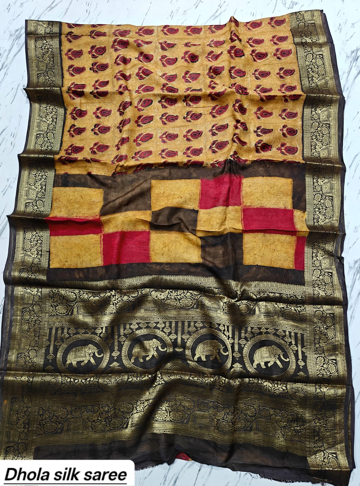 Mustard Yellow & Rust Red Geometric Checkered Pure Dola Silk Ajrakh Handblock Printed Saree