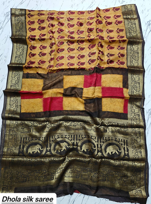 Mustard Yellow & Rust Red Geometric Checkered Pure Dola Silk Ajrakh Handblock Printed Saree