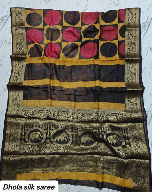 Mustard Yellow & Rust Red Polka Dot Checkered Pure Dola Silk Ajrakh Handblock Printed Saree