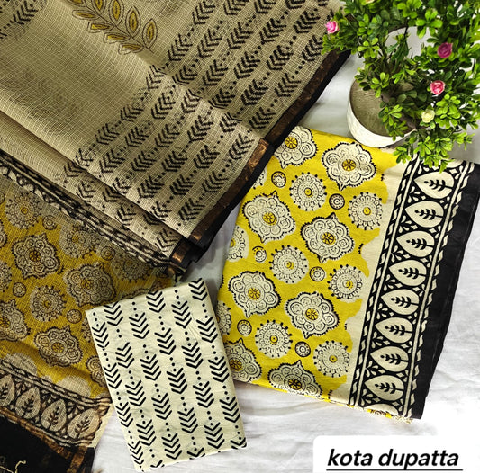 Mustard Yellow and Black Chevron Traditional Cotton Suit Set with Kota Doria Dupatta (Handblock Printed)