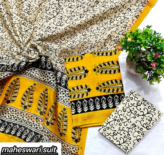Mustard Yellow and Black Leaf Print Handblock Printed Pure Maheshwari Silk Suit Set with Zari Border