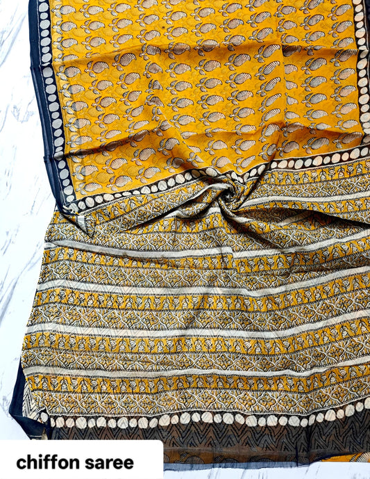 Mustard Yellow and Blue Pure Hand Block Printed Double Diamond Chiffon Saree