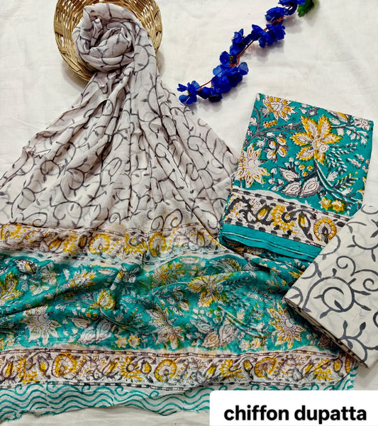 Mustard and Teal Floral Traditional Handblock Cotton Suit Set with Chiffon Dupatta