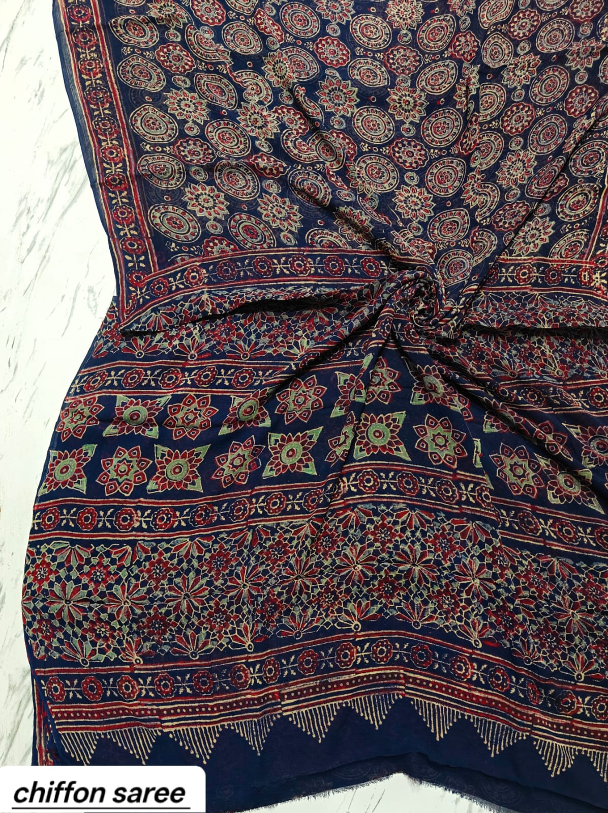 Navy Blue Booti Pure Hand Block Printed Double Diamond Chiffon Saree