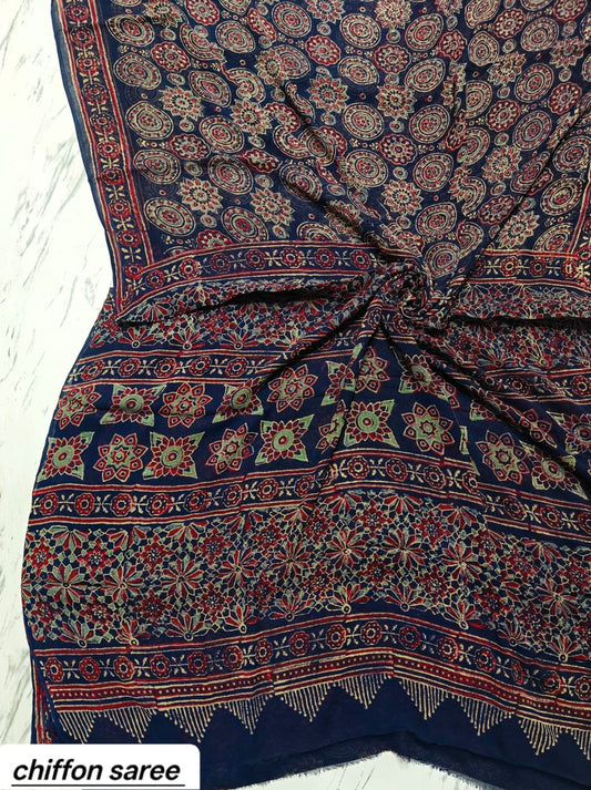 Navy Blue Booti Pure Hand Block Printed Double Diamond Chiffon Saree