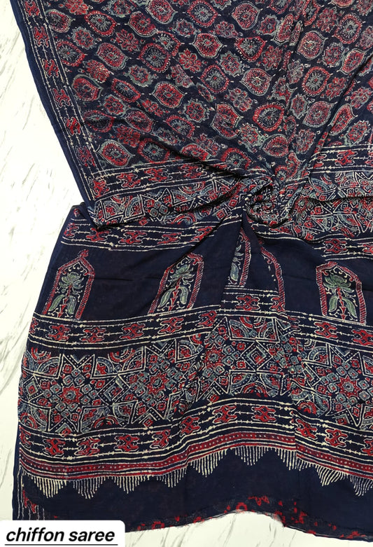 Navy Blue Floral Jaal Pure Hand Block Printed Double Diamond Chiffon Saree