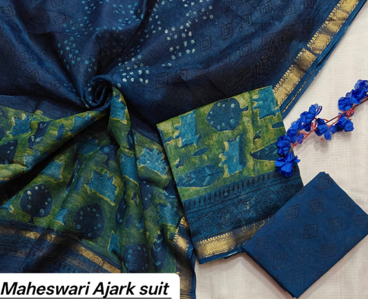Navy Blue & Green Geometric Checkered Pure Maheshwari Silk with Ajrakh Print Unstitched Suit Set with Dupatta