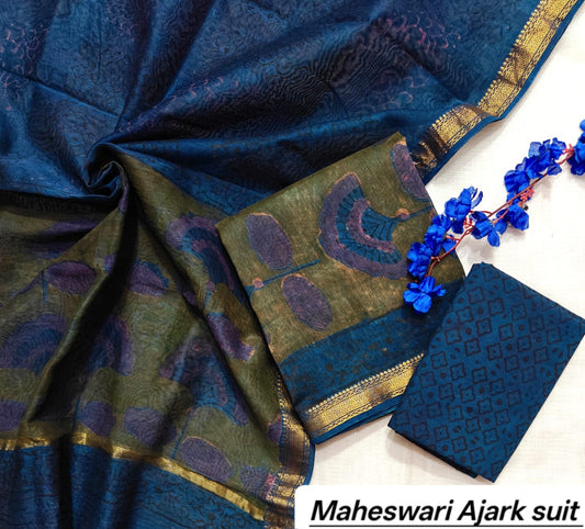 Navy Blue & Mustard Yellow Floral Pure Maheshwari Silk with Ajrakh Print Unstitched Suit Set with Dupatta