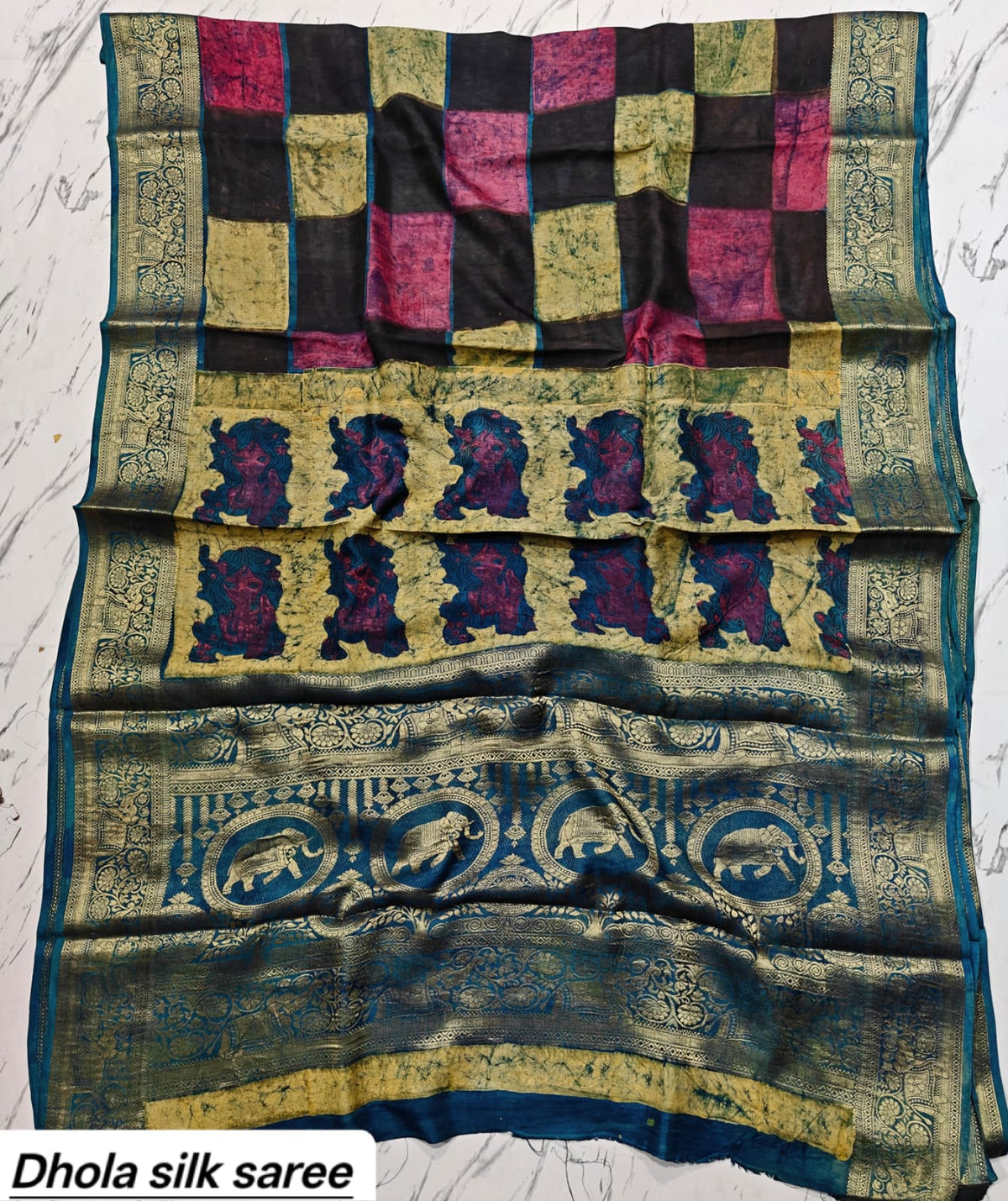 Navy Blue & Pink Geometric Checkered Pure Dola Silk Ajrakh Handblock Printed Saree