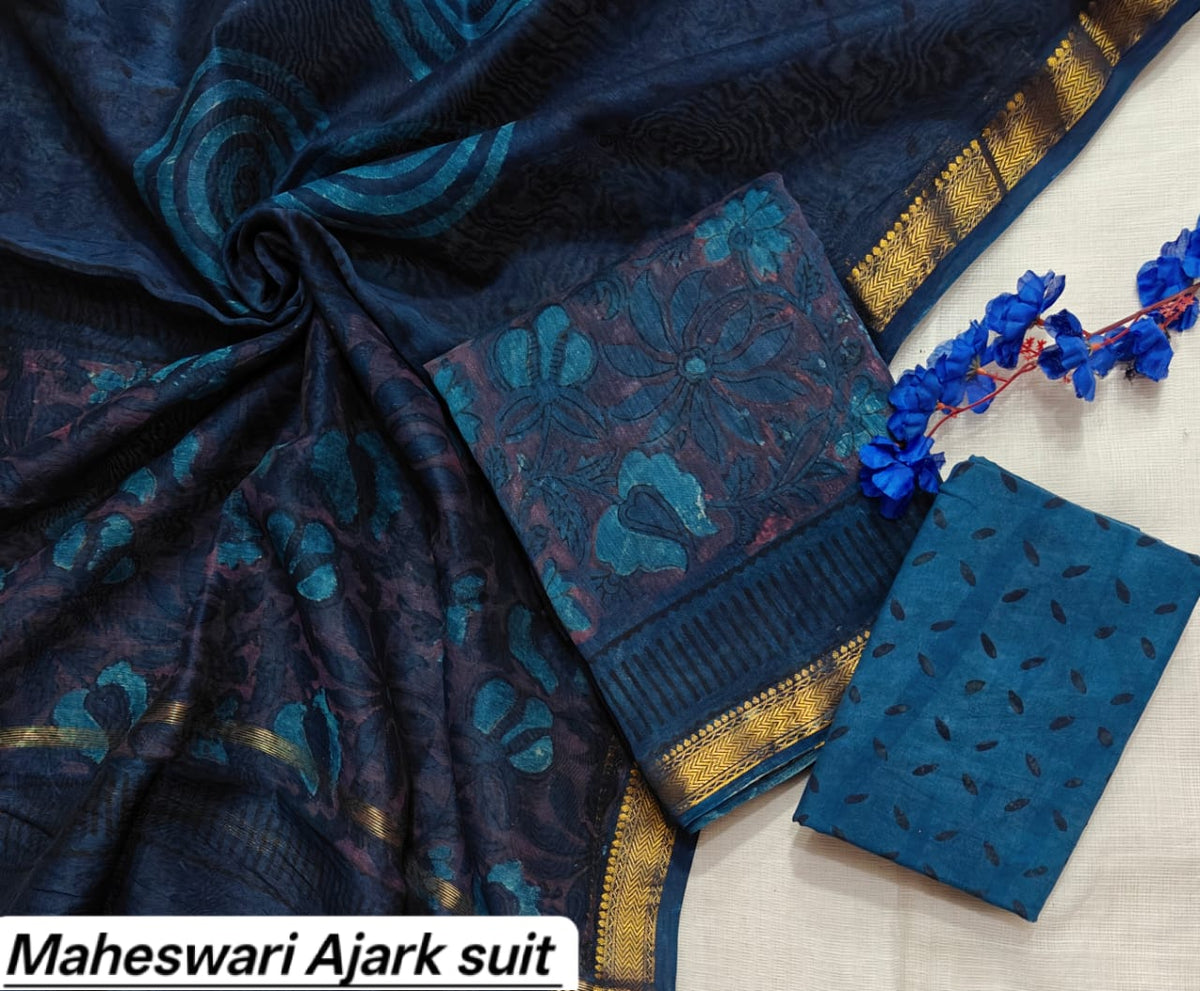 Navy Blue & Teal Floral Pure Maheshwari Silk with Ajrakh Print Unstitched Suit Set with Dupatta