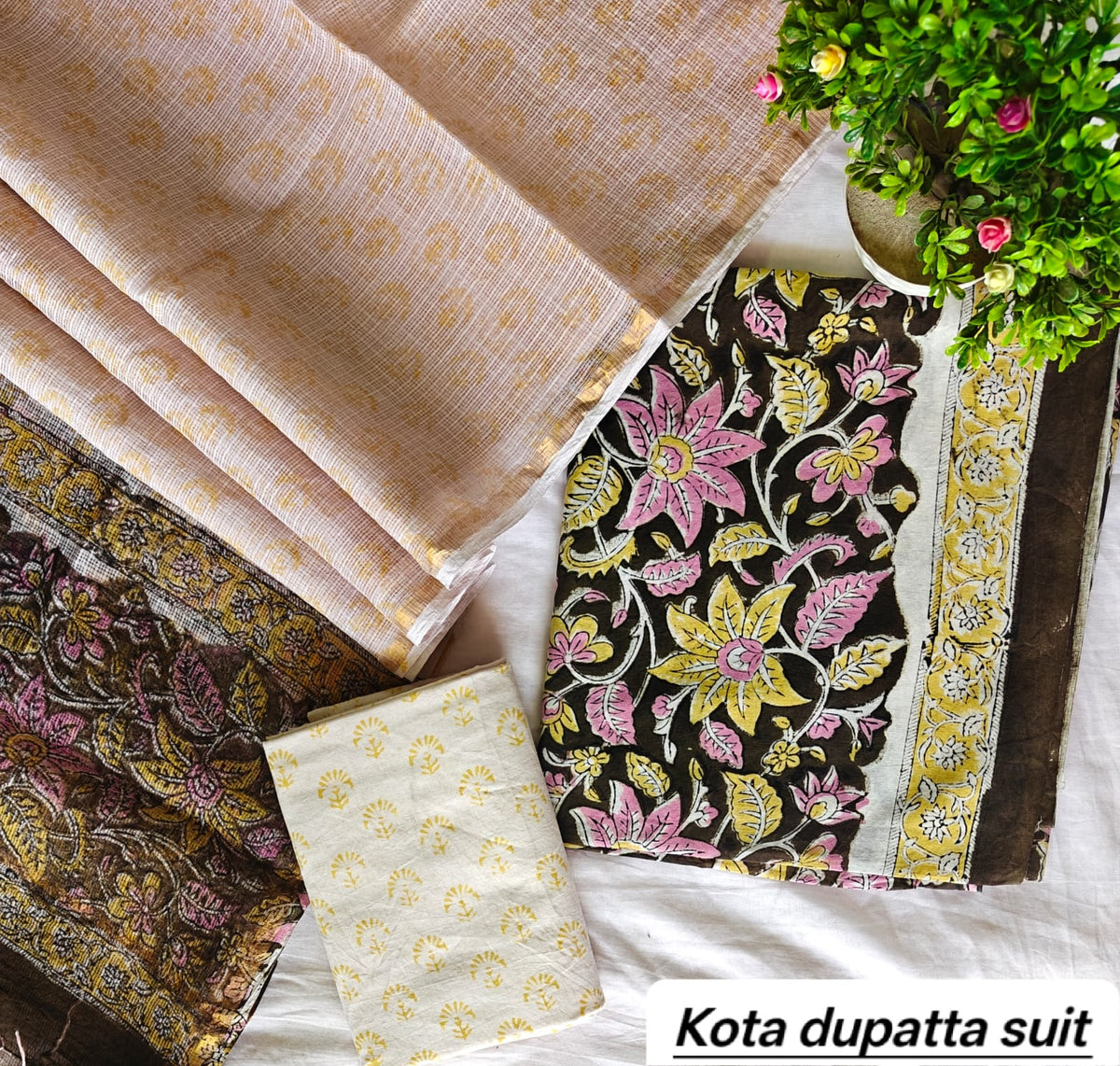 Navy Blue and Mustard Floral Jaal Traditional Cotton Suit Set with Kota Doria Dupatta (Handblock Printed)