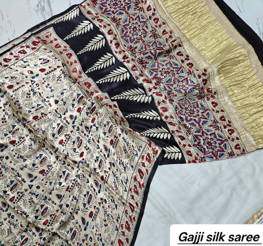 Off-White & Black Abstract Ajrakh Handblock Saree in Pure Gajji Silk