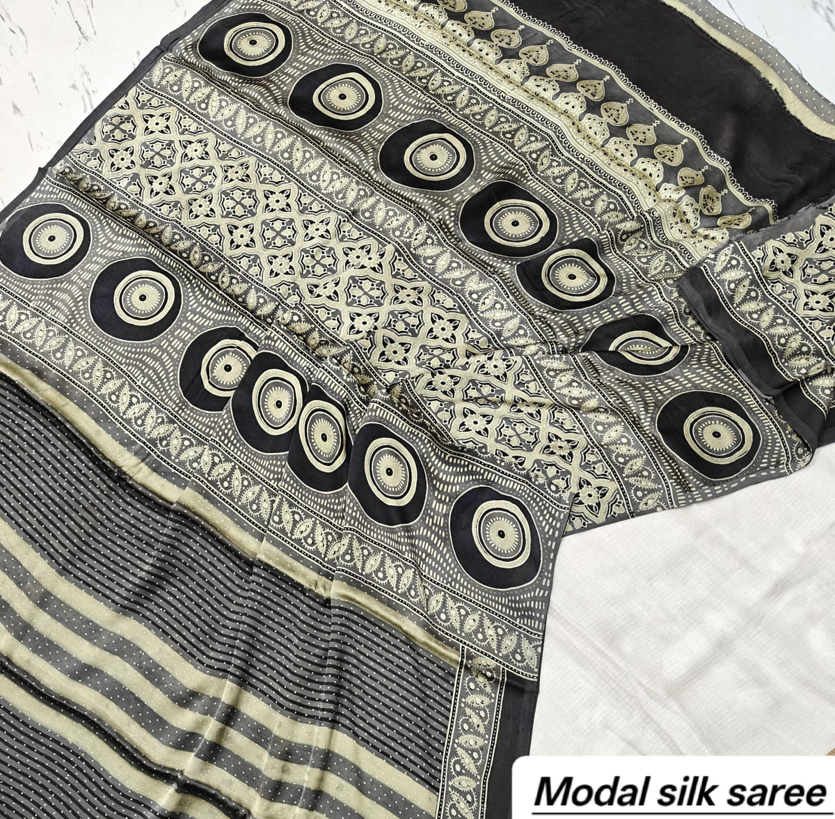 Off-White & Black Circular Motif Handblock Print Pure Modal Silk Ajrakh Saree