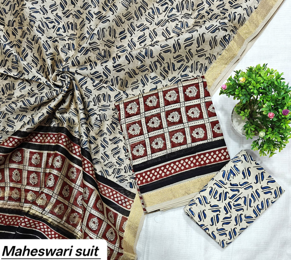 Off-White & Black Geometric Motif Handblock Printed Pure Maheshwari Silk Unstitched Suit Set with Dupatta