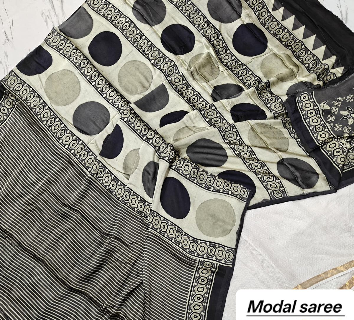 Off-White & Black Polka Dot Handblock Print Pure Modal Silk Ajrakh Saree