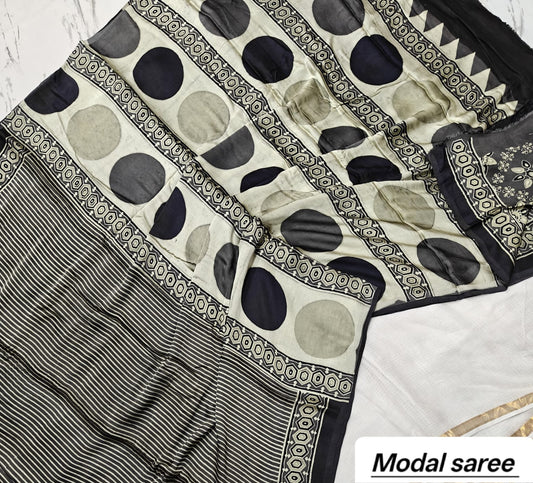 Off-White & Black Polka Dot Handblock Print Pure Modal Silk Ajrakh Saree