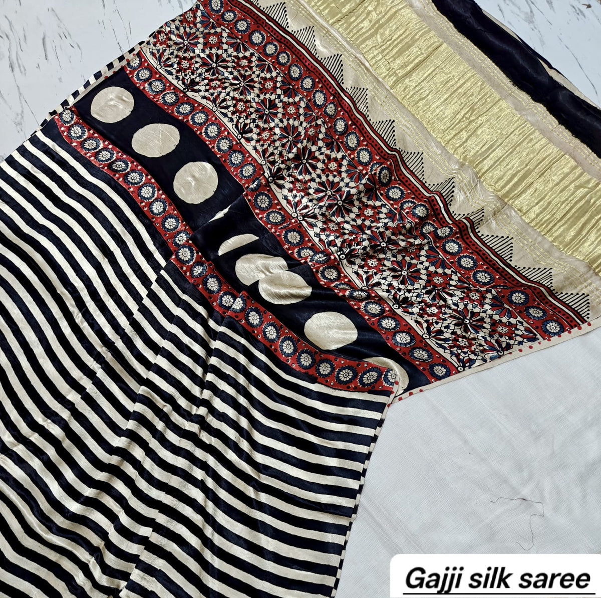 Off-White & Black Striped Booti Ajrakh Handblock Saree in Pure Gajji Silk