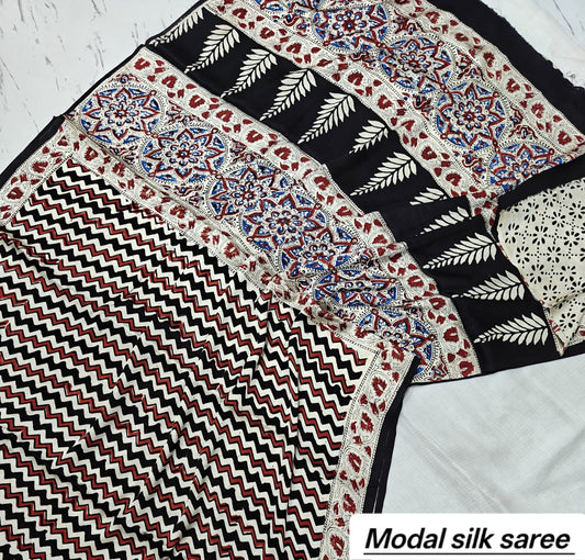 Off-White & Black Striped Floral Handblock Print Pure Modal Silk Ajrakh Saree