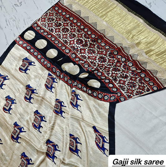 Off-White & Blue Elephant Motif Ajrakh Handblock Saree in Pure Gajji Silk
