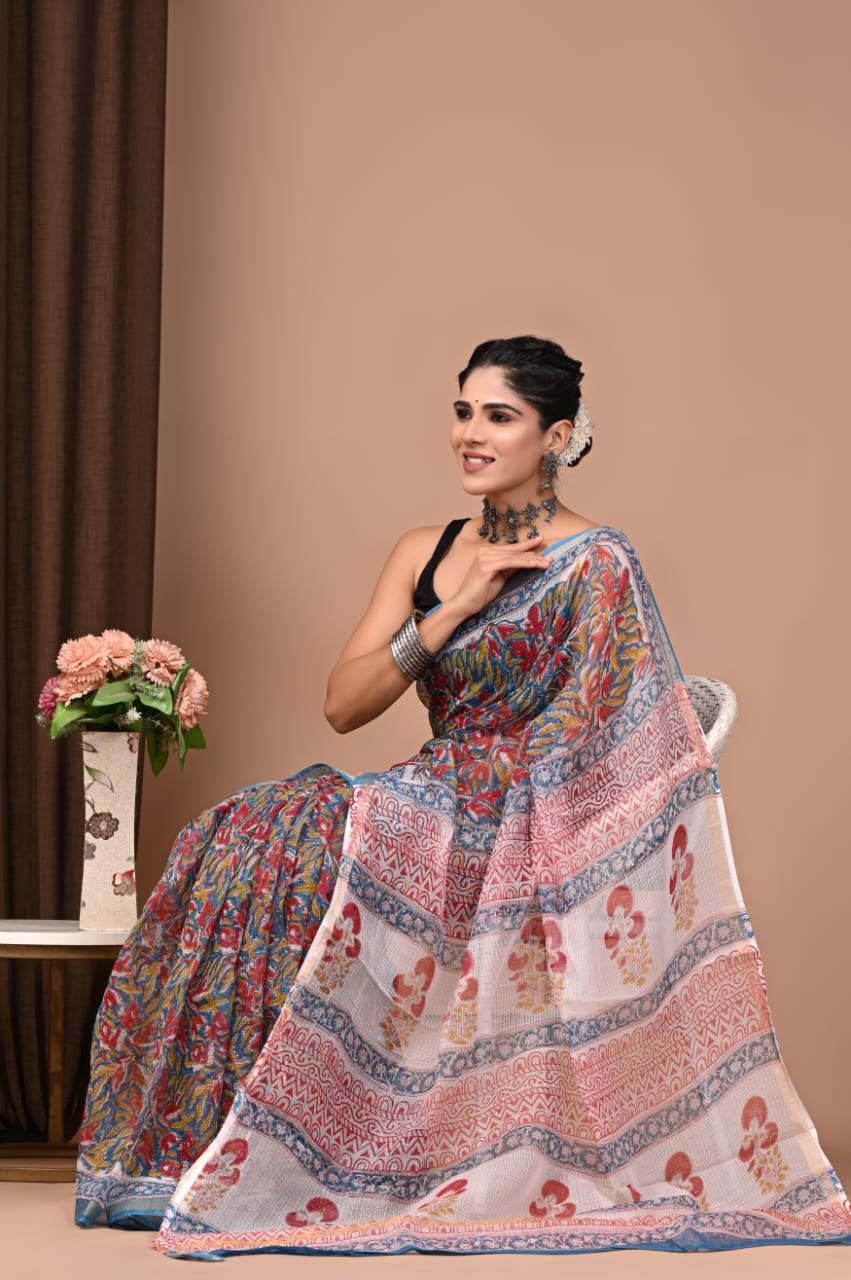 Off-White & Blue Floral Booti Hand Block Printed Kota Doria Cotton Saree