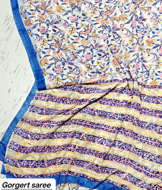 Off-White & Blue Floral Handblock Printed Georgette Saree