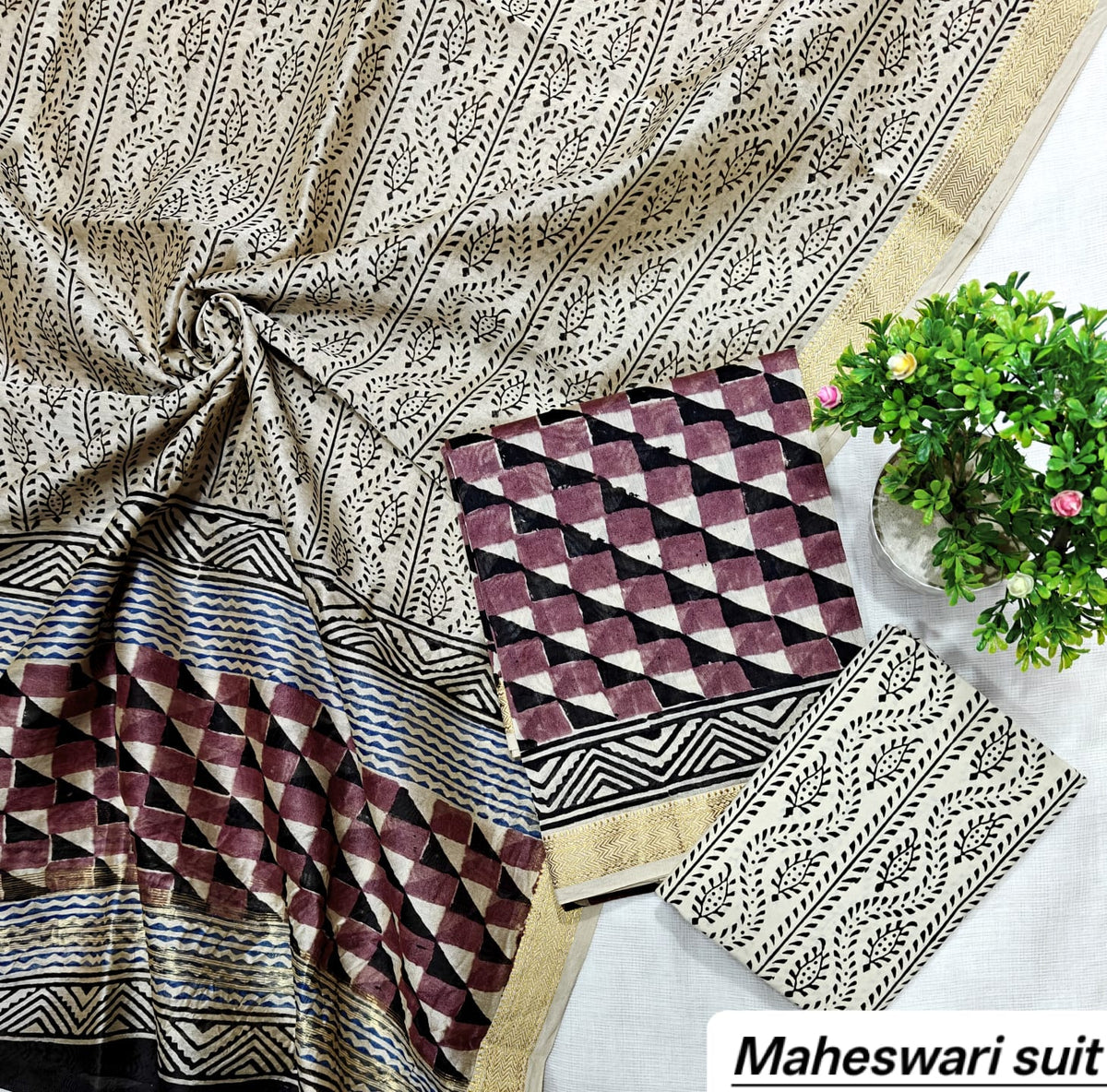 Off-White & Burgundy Chevron Motif Handblock Printed Pure Maheshwari Silk Unstitched Suit Set with Dupatta