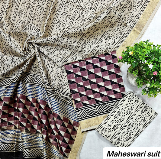 Off-White & Burgundy Chevron Motif Handblock Printed Pure Maheshwari Silk Unstitched Suit Set with Dupatta