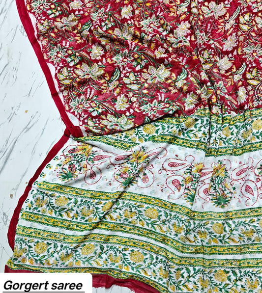 Off-White & Green Floral Handblock Printed Georgette Saree