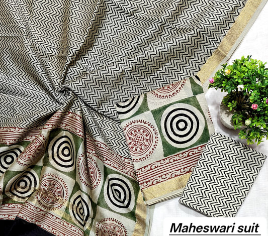 Off-White & Green Geometric Circular Motif Handblock Printed Pure Maheshwari Silk Unstitched Suit Set with Dupatta