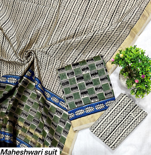 Off-White & Indigo Blue Chevron Motif Handblock Printed Pure Maheshwari Silk Unstitched Suit Set with Dupatta